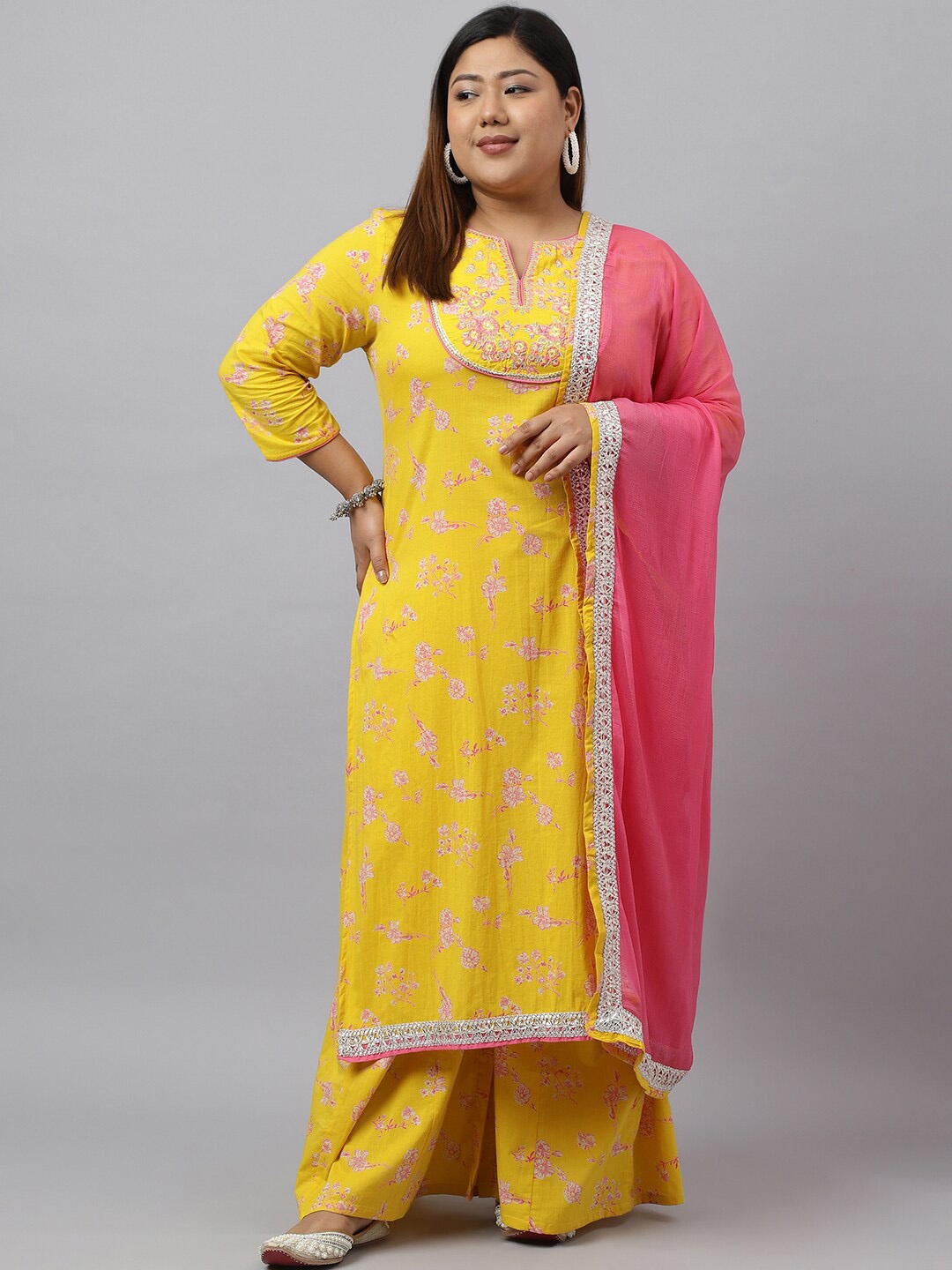 XL LOVE by Janasya Plus Size Floral Printed Thread Work Kurta With Palazzos & Dupatta, Yellow
XL LOVE by Janasya Plus Size Floral Printed Thread Work Kurta With Palazzos & Dupatta, Yellow