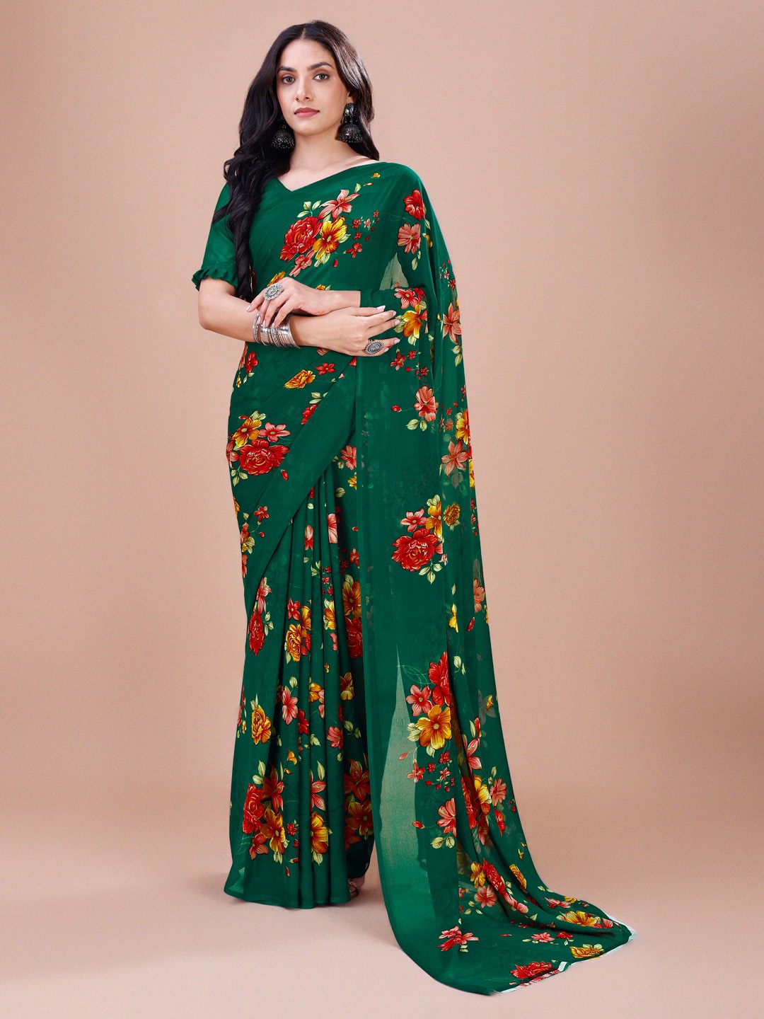 Dori Floral Printed Pure Georgette Saree, Green