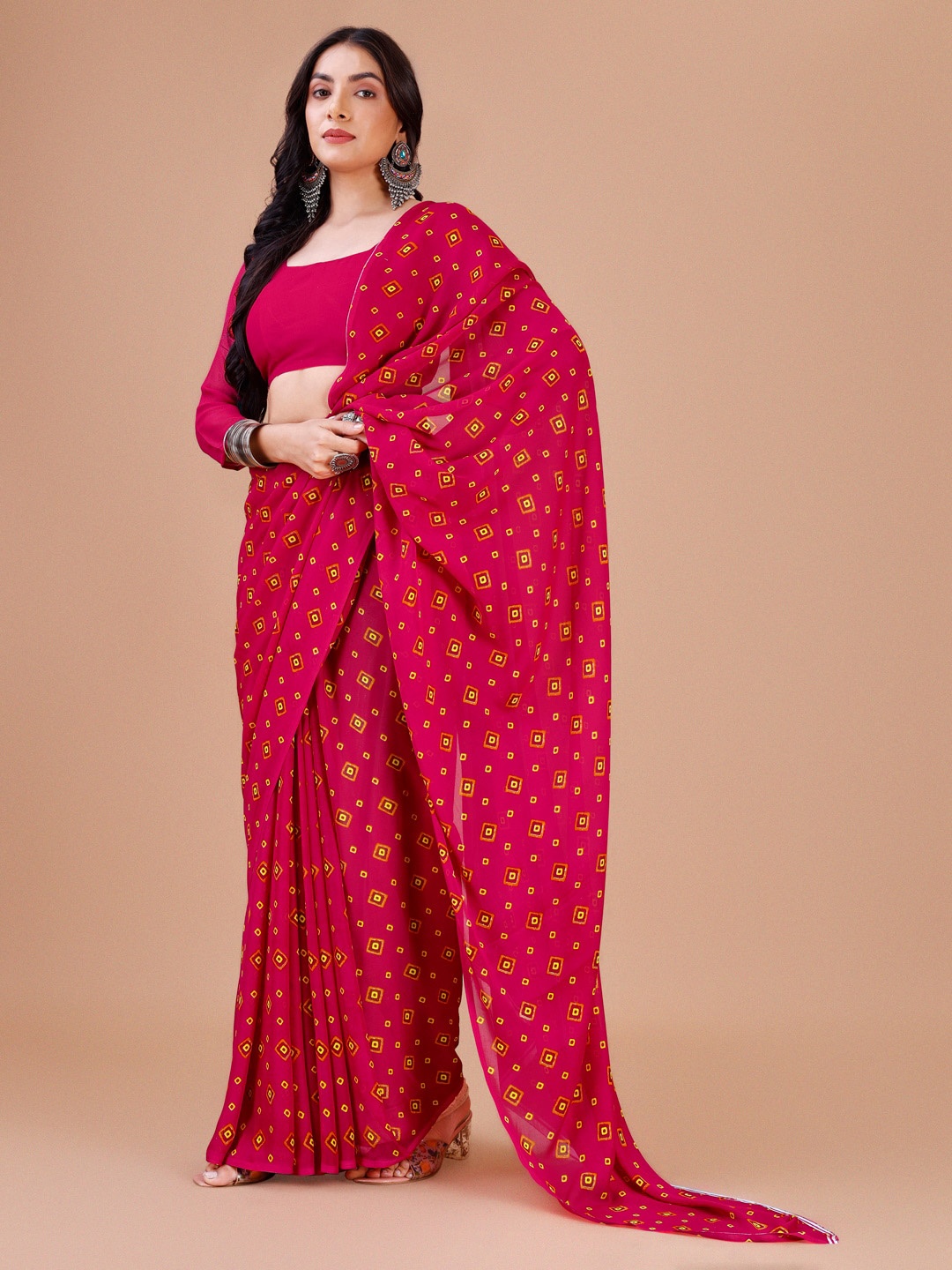 Dori Geometric Printed Pure Georgette Saree, Pink