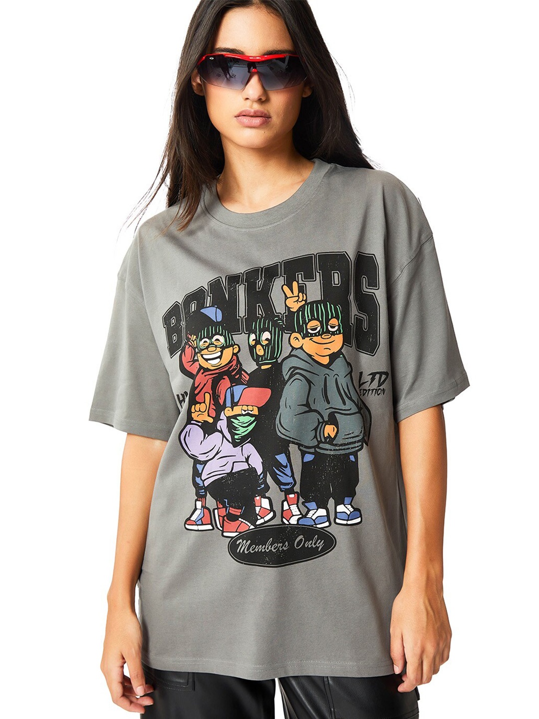 Bonkers Corner Grey Graphic Printed Drop-Shoulder Sleeves Cotton Oversized T-shirt