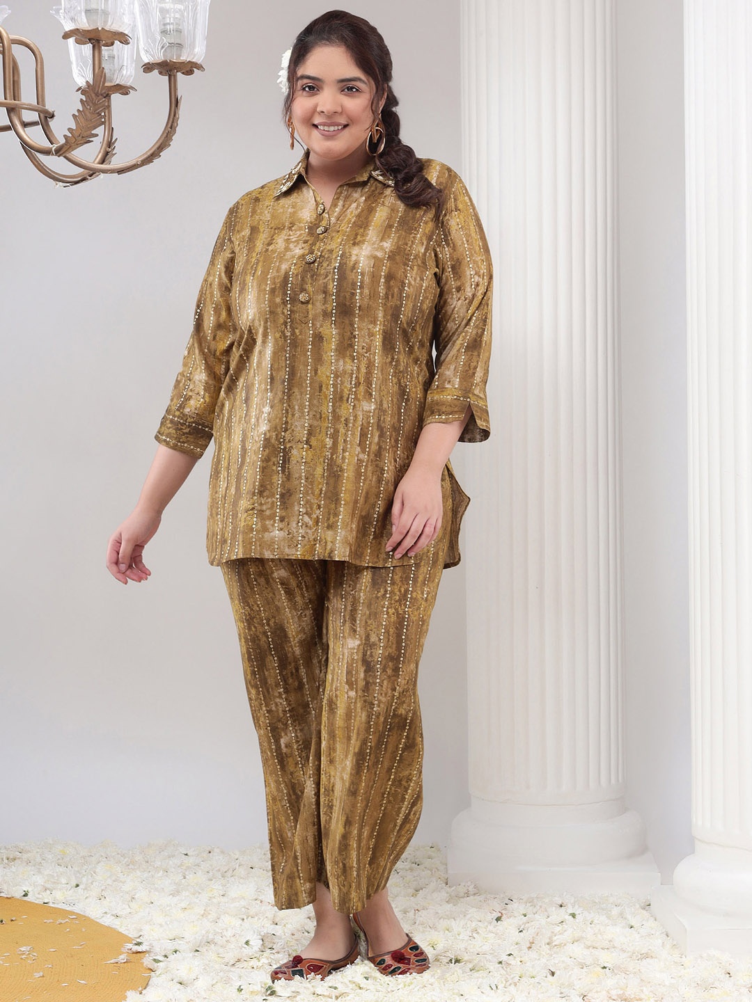 Bani Women Plus Size Abstract Printed Shirt Collar Regular Kurta With Palazzos, Green
Bani Women Plus Size Abstract Printed Shirt Collar Regular Kurta With Palazzos, Green