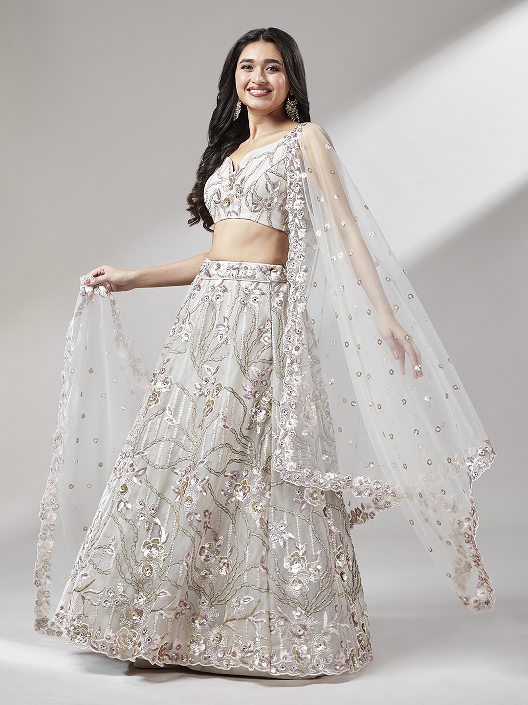panchhi Embroidered Shoulder Strap Sequinned Lehenga & Unstitched Blouse With Dupatta, Grey
panchhi Embroidered Shoulder Strap Sequinned Lehenga & Unstitched Blouse With Dupatta, Grey