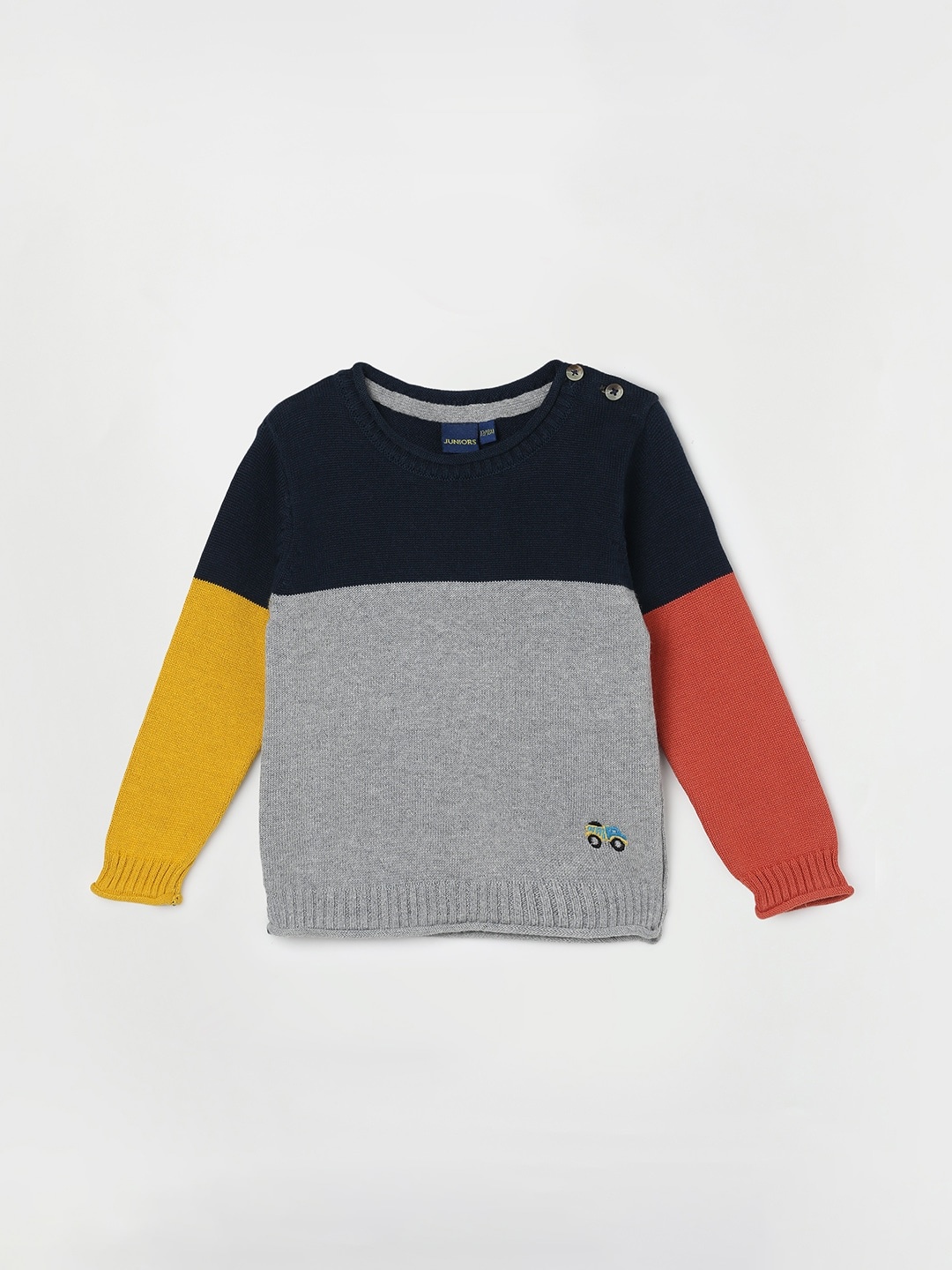 Juniors by Lifestyle Boys Colourblocked Band Collar Pure Cotton Pullover Sweater, Grey
Juniors by Lifestyle Boys Colourblocked Band Collar Pure Cotton Pullover Sweater, Grey
