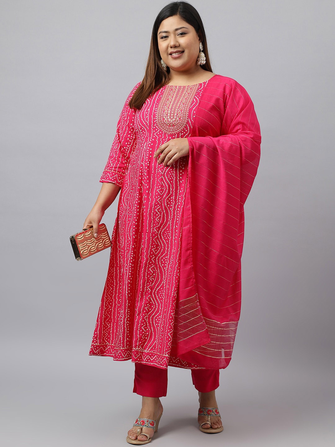 XL LOVE by Janasya Plus Size Bandhani Printed Anarakli Kurta & Trouser With Dupatta, Pink
XL LOVE by Janasya Plus Size Bandhani Printed Anarakli Kurta & Trouser With Dupatta, Pink