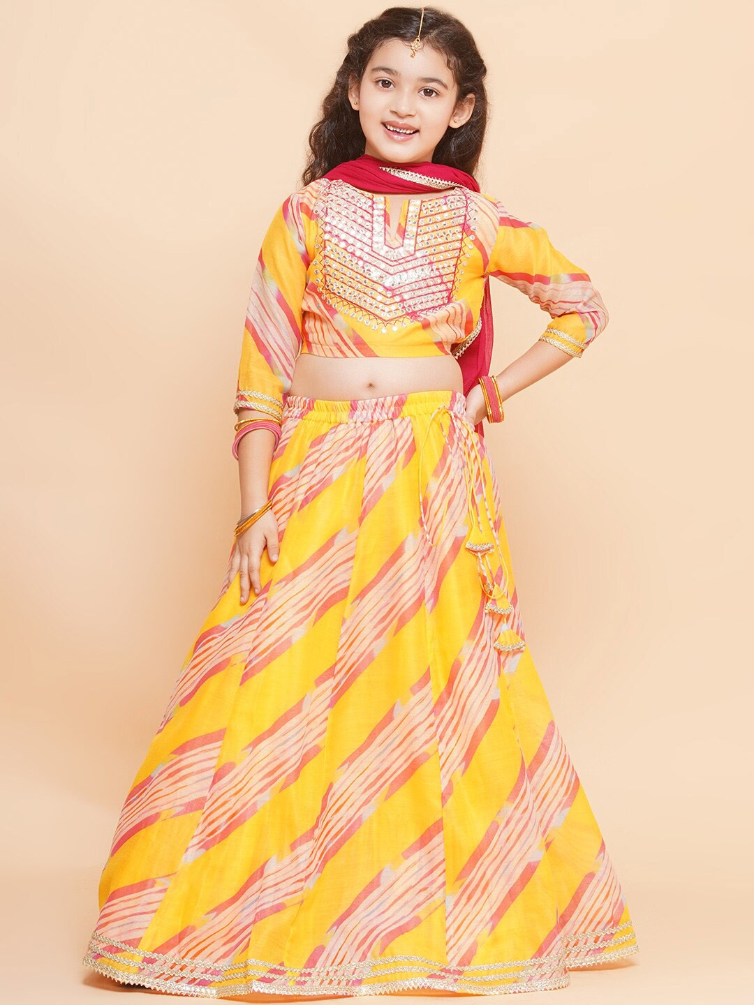 Bitiya by Bhama Girls Striped Mirror Work Ready to Wear Lehenga & Blouse With Dupatta, Yellow
Bitiya by Bhama Girls Striped Mirror Work Ready to Wear Lehenga & Blouse With Dupatta, Yellow