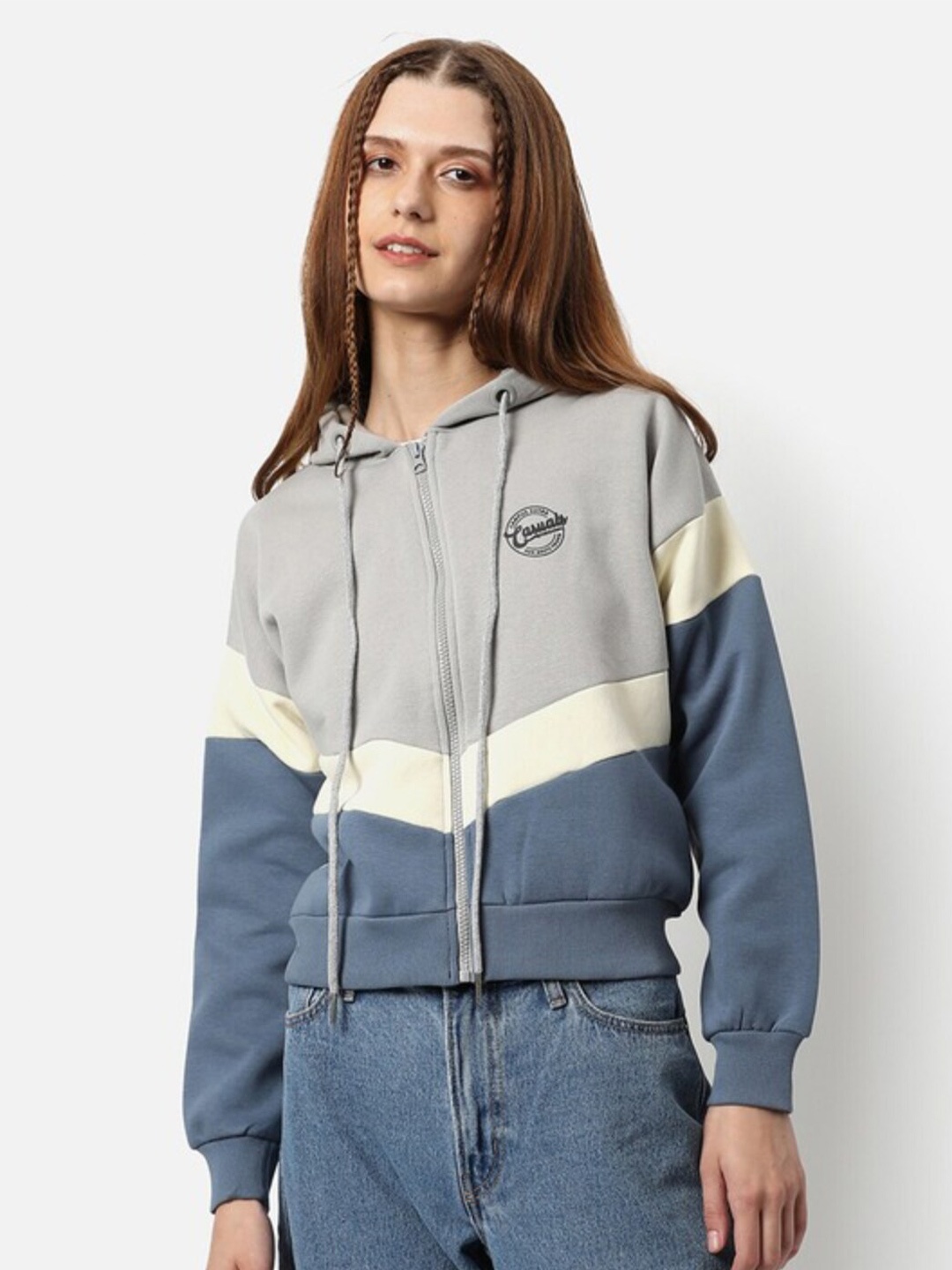 Campus Sutra Grey Colourblocked Hooded Long Sleeve Cotton Front-Open Sweatshirt
Campus Sutra Grey Colourblocked Hooded Long Sleeve Cotton Front-Open Sweatshirt