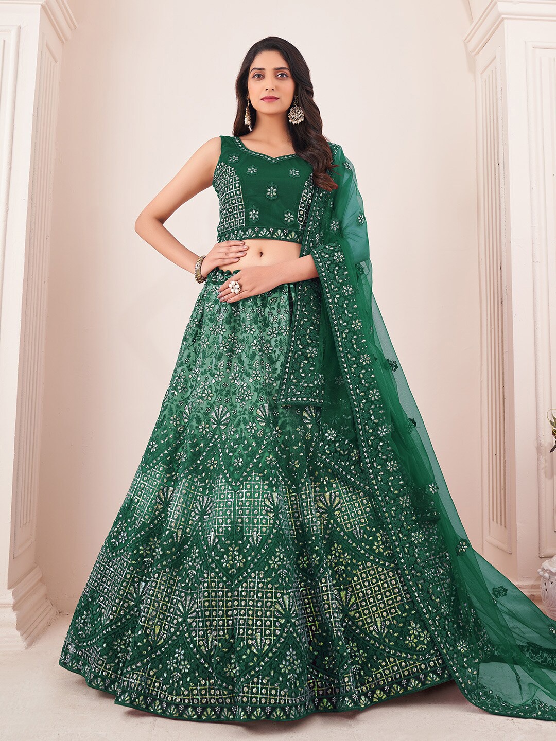 Fusionic Embroidered Sequinned Net Semi-Stitched Lehenga & Unstitched Blouse With Dupatta, Green
Fusionic Embroidered Sequinned Net Semi-Stitched Lehenga & Unstitched Blouse With Dupatta, Green