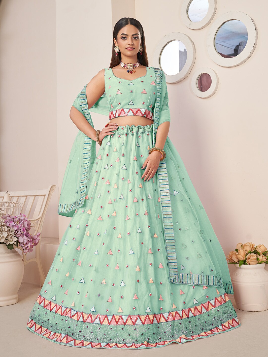 Fusionic Embroidered Sequinned Net Semi-Stitched Lehenga & Unstitched Blouse With Dupatta, Green
Fusionic Embroidered Sequinned Net Semi-Stitched Lehenga & Unstitched Blouse With Dupatta, Green