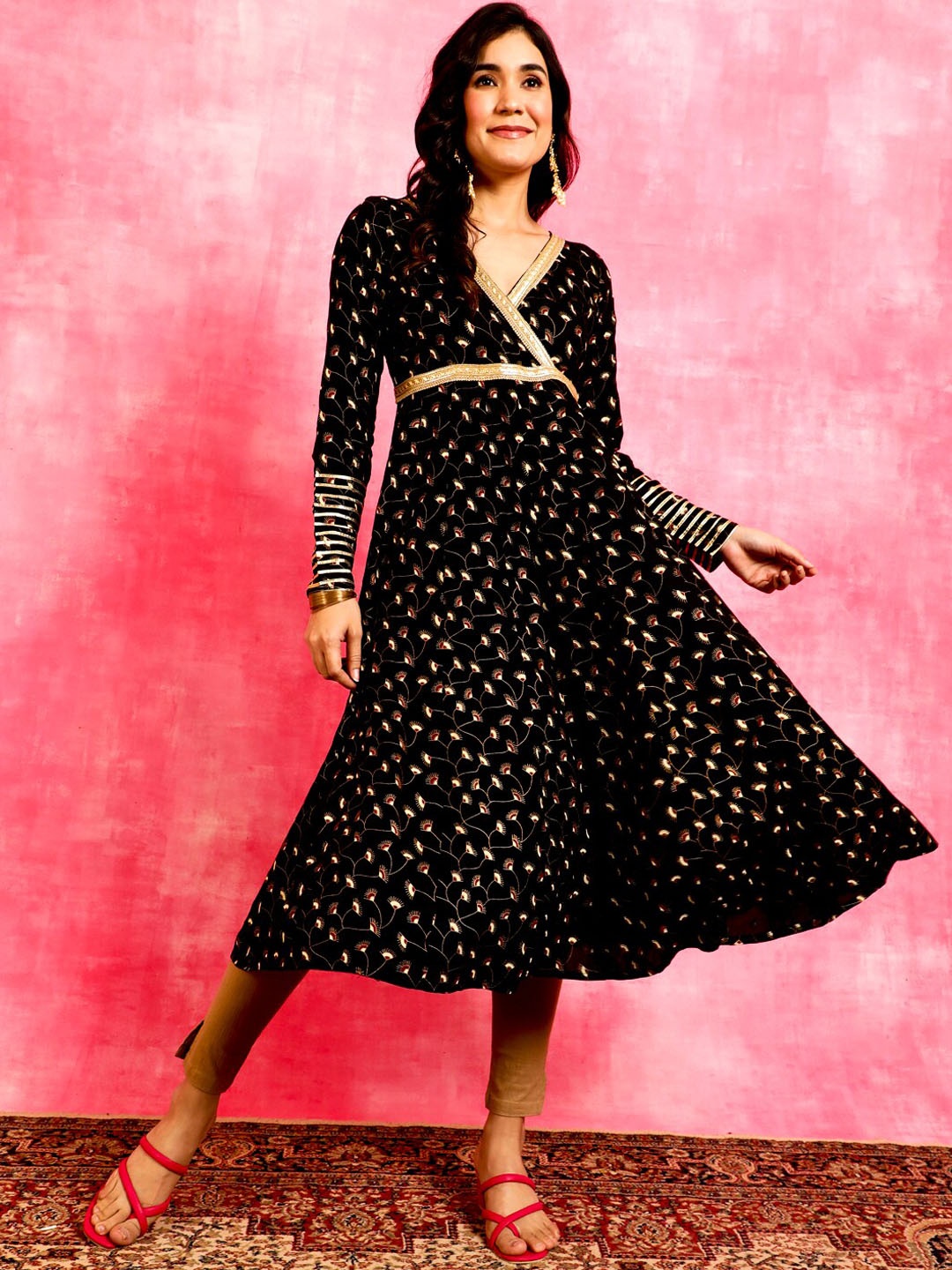 Anouk Floral Printed V-Neck Sequinned A-line Kurta, Black