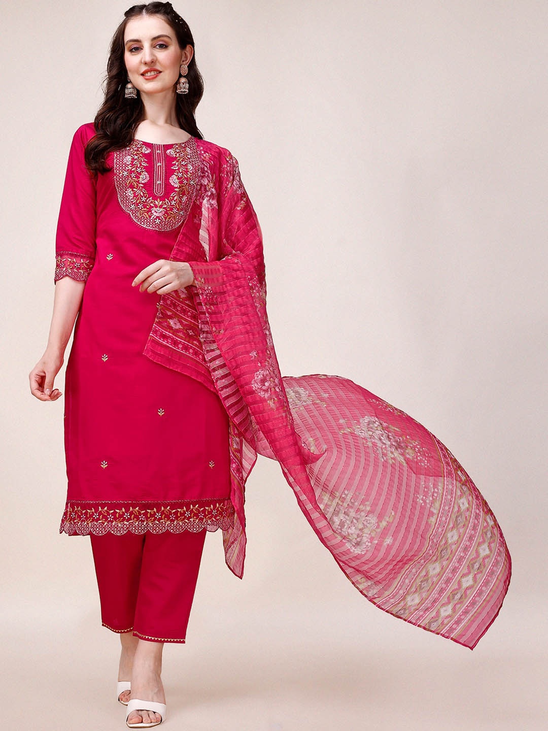 KALINI Women Pink Embroidered Regular Thread Work Chanderi Cotton Kurta with Palazzos & With Dupatta
KALINI Women Pink Embroidered Regular Thread Work Chanderi Cotton Kurta with Palazzos & With Dupatta