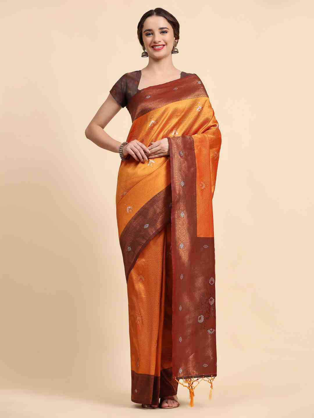 ZIBLON Mustard & Brown Woven Design Zari Silk Cotton Kanjeevaram Saree 
ZIBLON Mustard & Brown Woven Design Zari Silk Cotton Kanjeevaram Saree