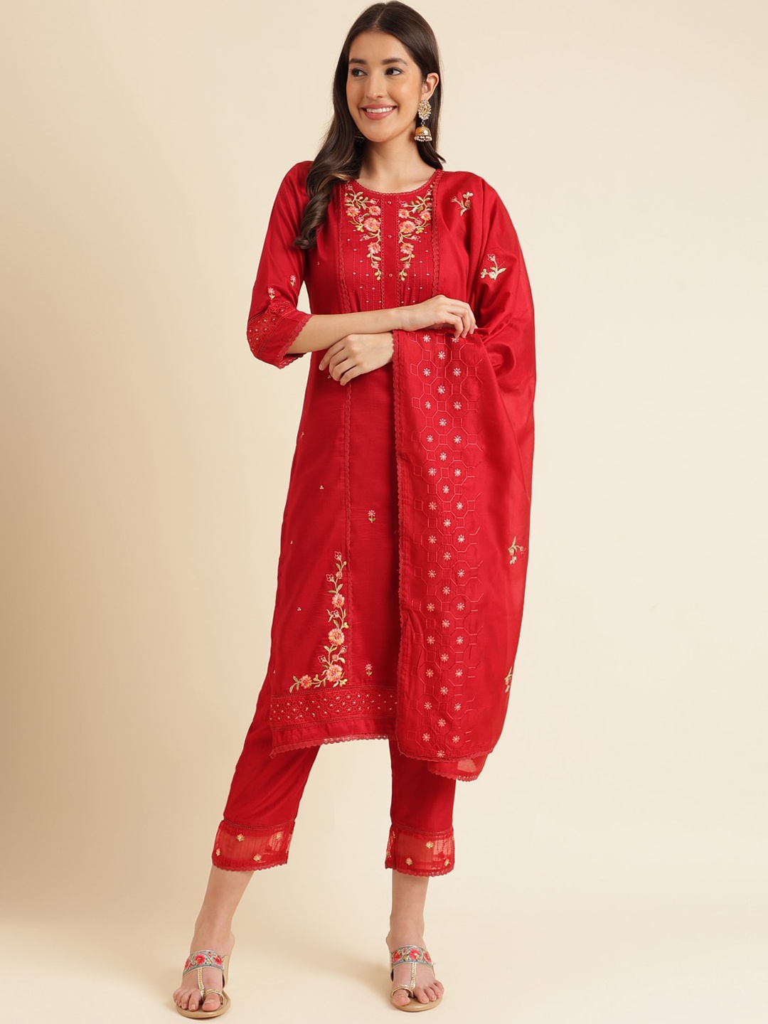 HERE&NOW Women Red Floral Embroidered Regular Thread Work Kurta with Trousers & With Dupatta
HERE&NOW Women Red Floral Embroidered Regular Thread Work Kurta with Trousers & With Dupatta