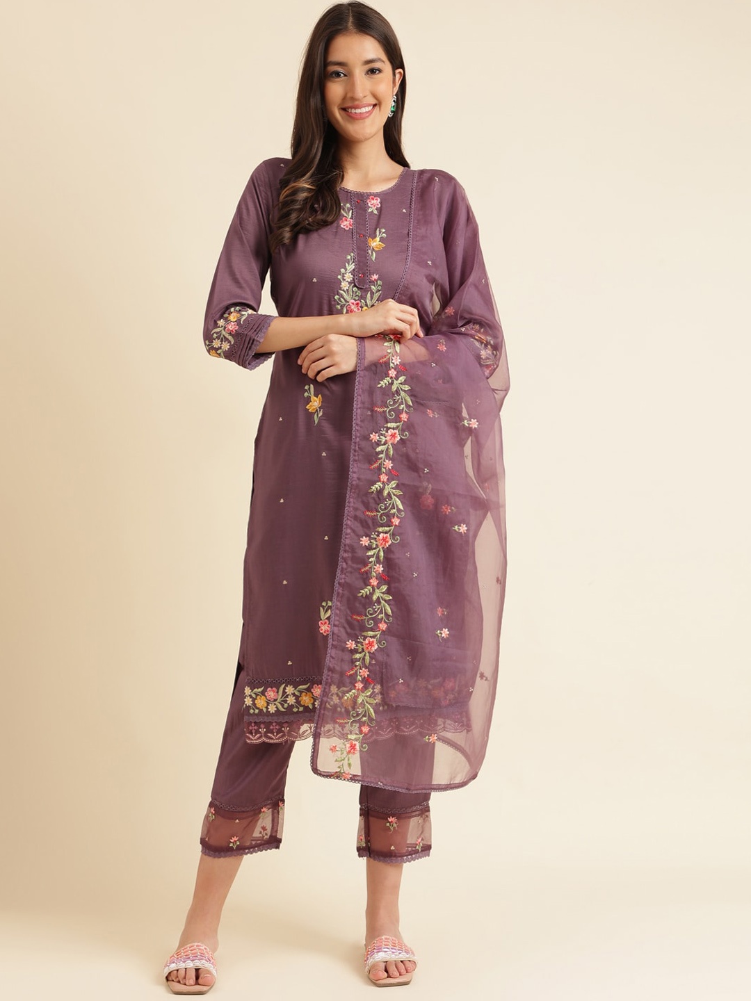 HERE&NOW Floral Embroidered Thread Work Kurta With Trousers & Dupatta, Purple