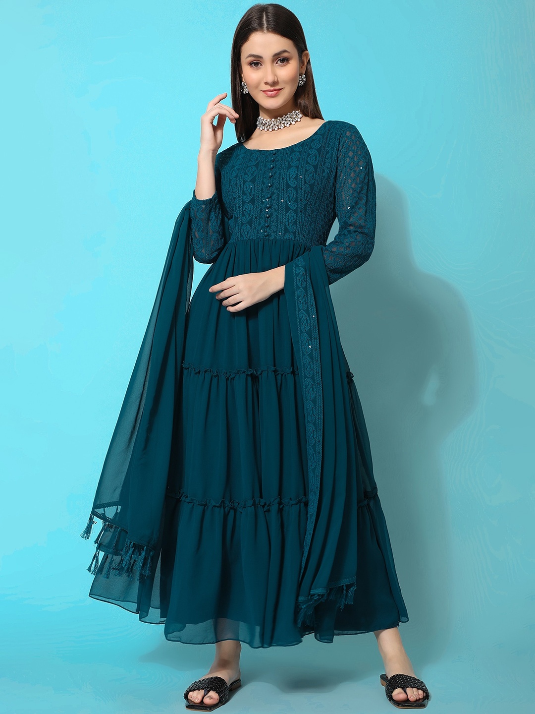 BLACK SCISSOR Embroidered Sequinned Georgette Fit & Flare Maxi Ethnic Dress With Dupatta, Teal
BLACK SCISSOR Embroidered Sequinned Georgette Fit & Flare Maxi Ethnic Dress With Dupatta, Teal
