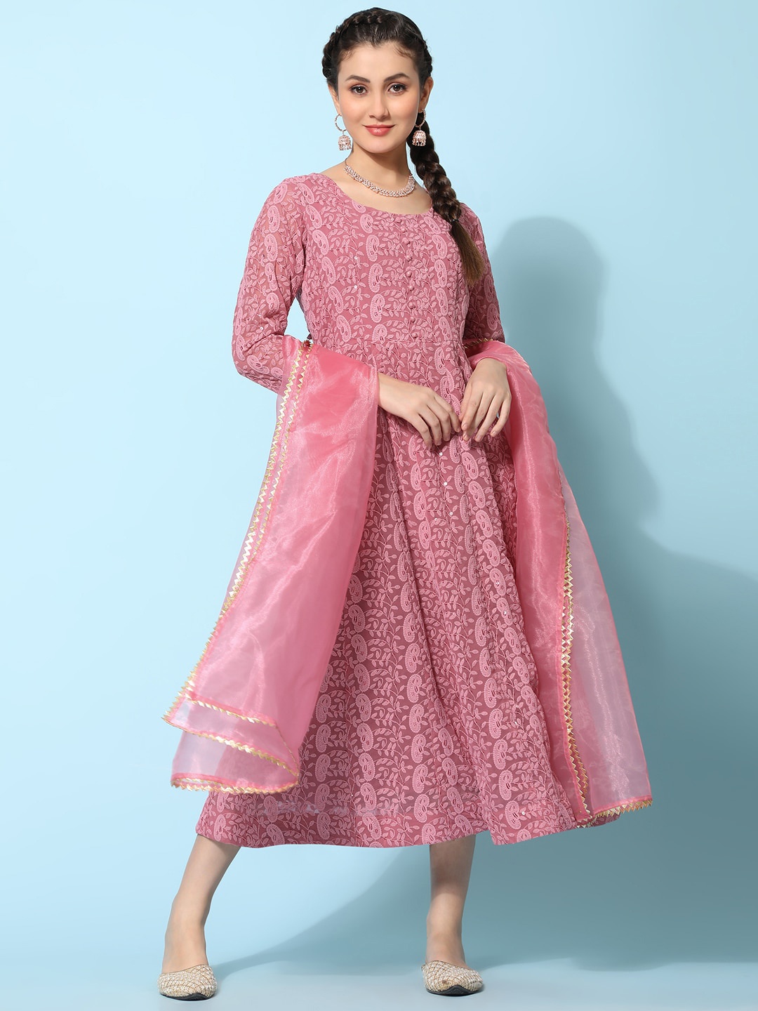 BLACK SCISSOR Ethnic Motifs Chikankari Embroidered Fit & Flare Ethnic Dresses With Dupatta, Pink
BLACK SCISSOR Ethnic Motifs Chikankari Embroidered Fit & Flare Ethnic Dresses With Dupatta, Pink