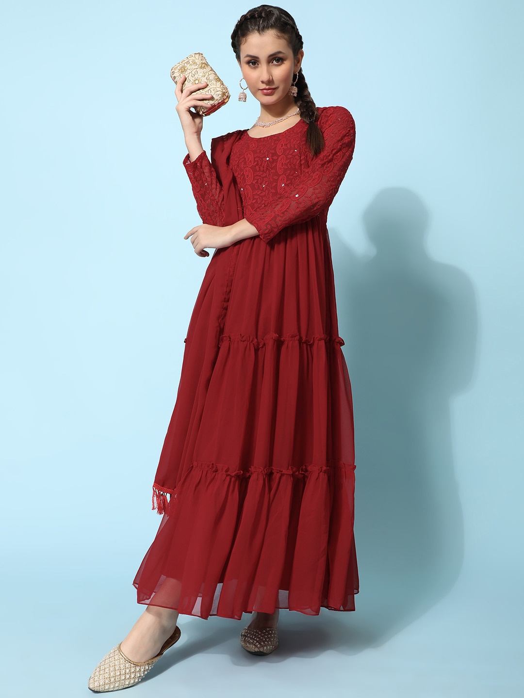 BLACK SCISSOR Embroidered Sequinned Georgette Fit & Flare Maxi Ethnic Dress With Dupatta, Maroon
BLACK SCISSOR Embroidered Sequinned Georgette Fit & Flare Maxi Ethnic Dress With Dupatta, Maroon