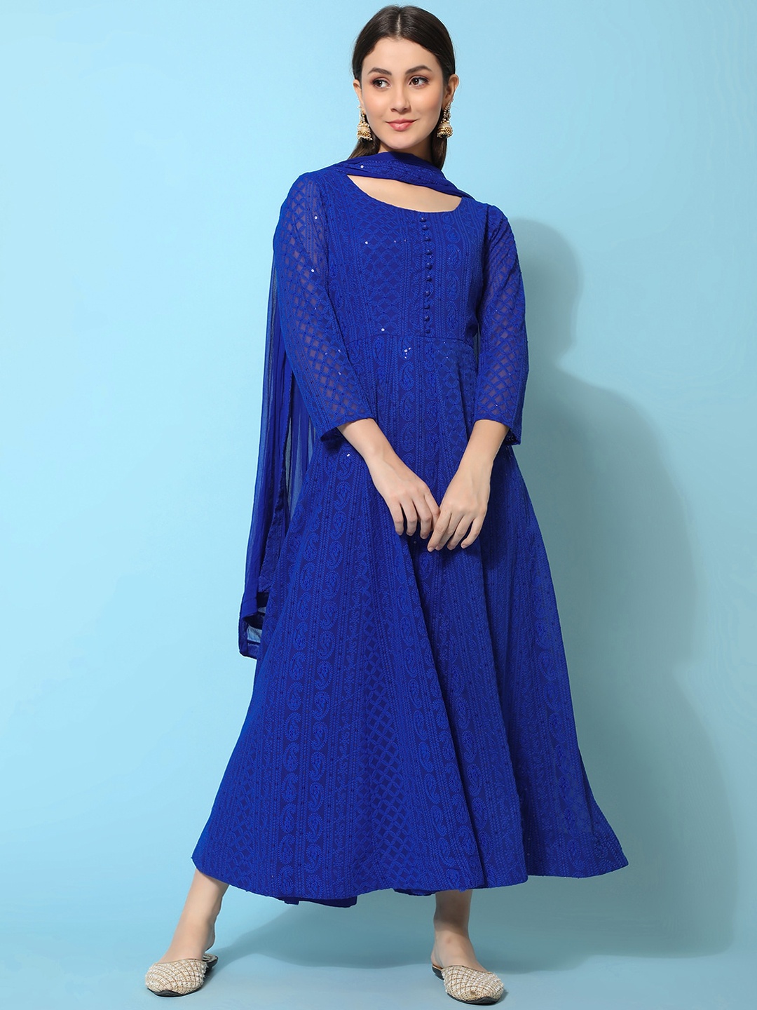BLACK SCISSOR Ethnic Motifs Chikankari Embroidered Maxi Ethnic Dresses With Dupatta, Blue
BLACK SCISSOR Ethnic Motifs Chikankari Embroidered Maxi Ethnic Dresses With Dupatta, Blue