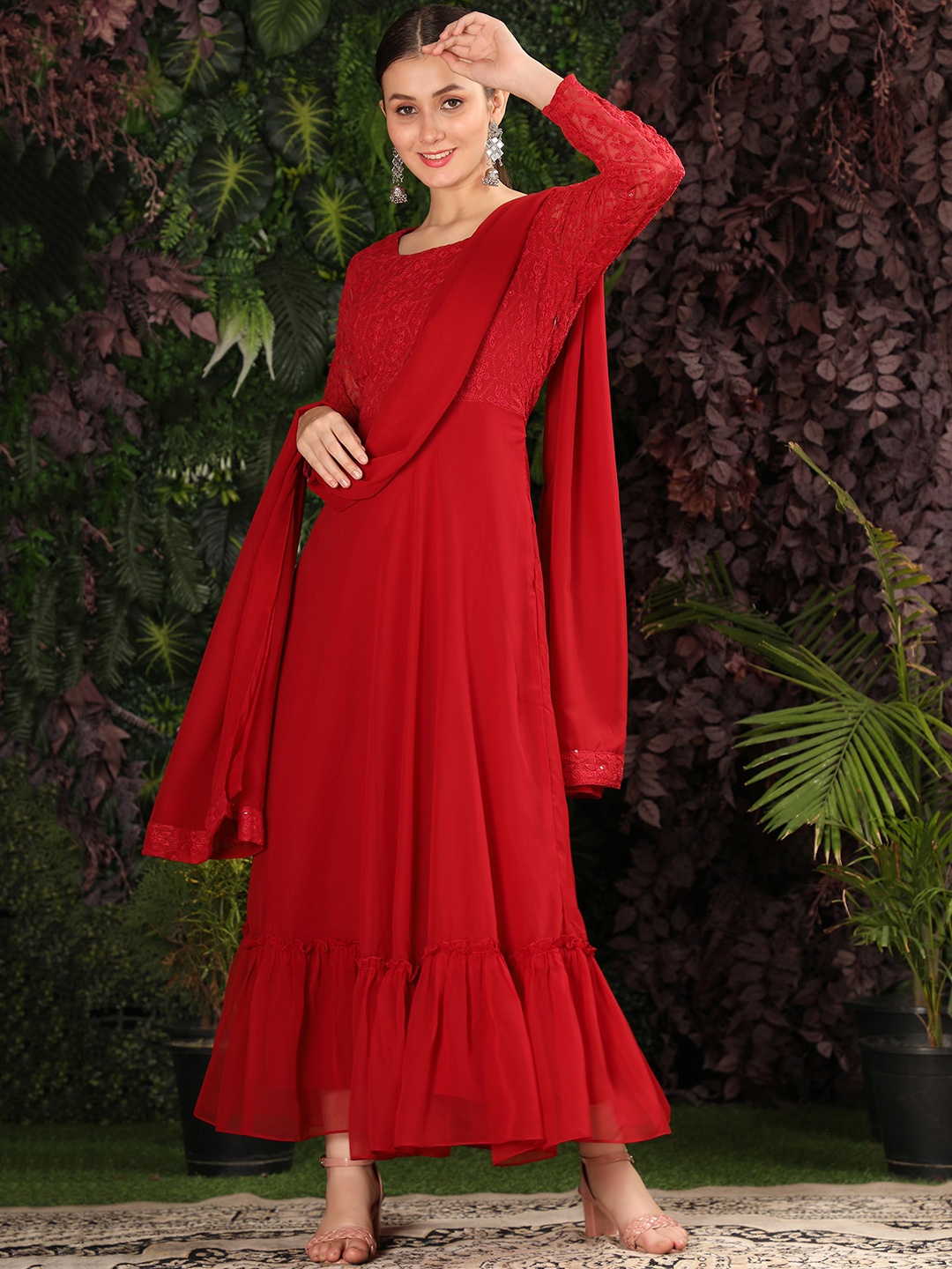 BLACK SCISSOR Ethnic Motifs Embroidered Chikankari Maxi Ethnic Dresses With Dupatta, Maroon
BLACK SCISSOR Ethnic Motifs Embroidered Chikankari Maxi Ethnic Dresses With Dupatta, Maroon