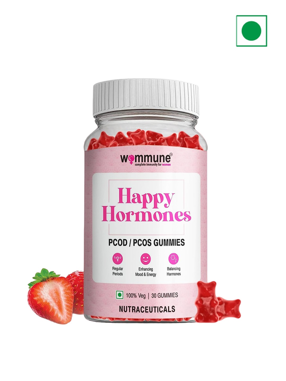 WOMMUNE Happy Hormones Strawberry Flavour PCOD PCOS Gummies For Balancing Hormones - 30Pcs, Pink
WOMMUNE Happy Hormones Strawberry Flavour PCOD PCOS Gummies For Balancing Hormones - 30Pcs, Pink