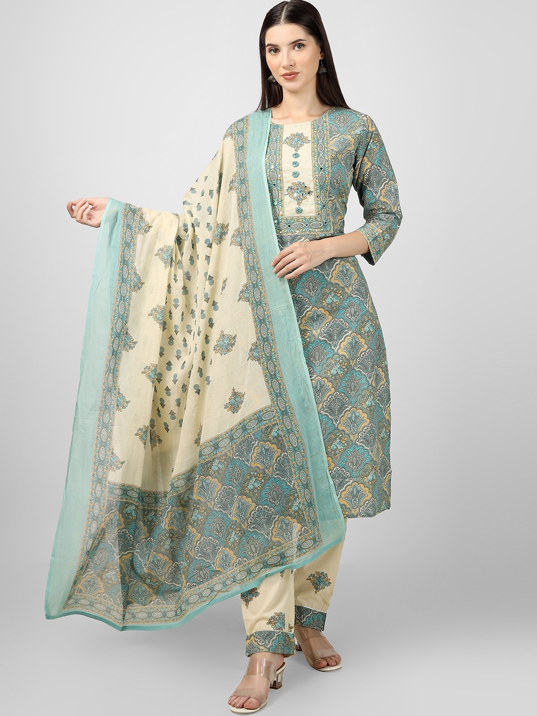 misbis Ethnic Motif Printed Regular Pure Cotton Straight Kurta & Trousers With Dupatta, Green
misbis Ethnic Motif Printed Regular Pure Cotton Straight Kurta & Trousers With Dupatta, Green