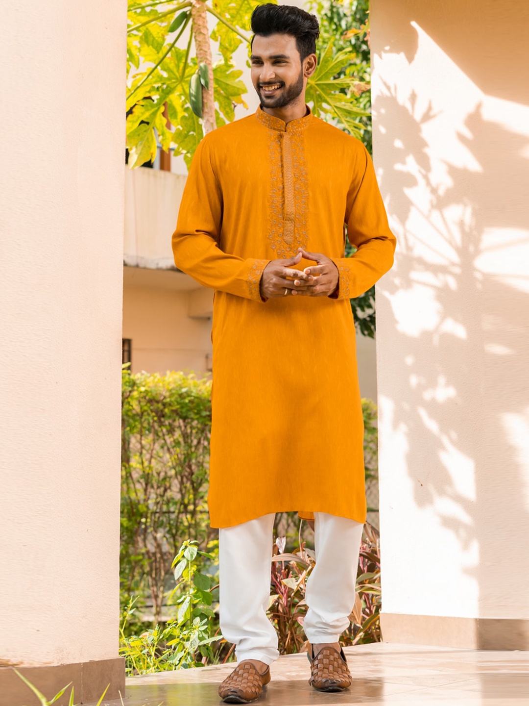 HU - Handcrafted Uniquely Men Mustard Yellow Floral Yoke Design Regular Thread Work Kurta with Churidar
HU - Handcrafted Uniquely Men Mustard Yellow Floral Yoke Design Regular Thread Work Kurta with Churidar