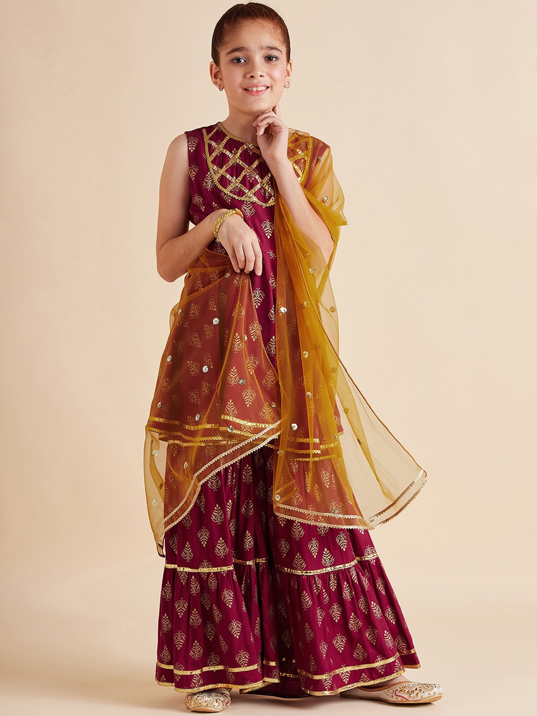 Cherry & Jerry Girls Maroon Ethnic Motifs Printed Regular Gotta Patti Kurti with Sharara & With Dupatta
Cherry & Jerry Girls Maroon Ethnic Motifs Printed Regular Gotta Patti Kurti with Sharara & With Dupatta