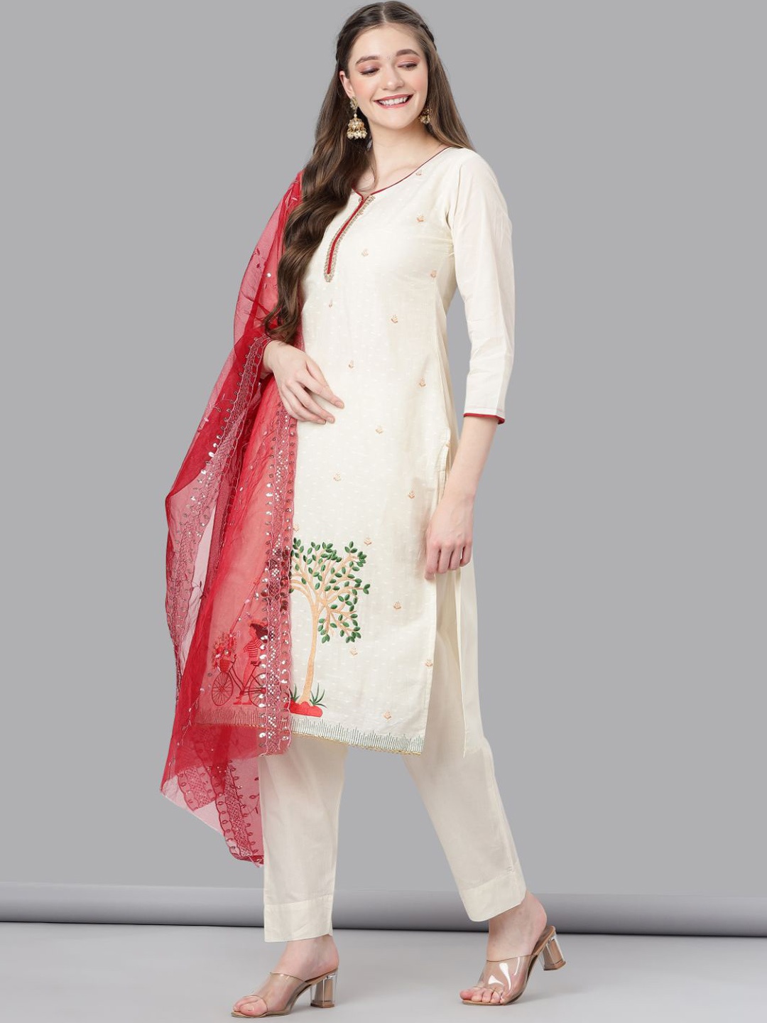 Ziva Fashion Women White Floral Embroidered Regular Thread Work Pure Cotton Kurta with Trousers & With
Ziva Fashion Women White Floral Embroidered Regular Thread Work Pure Cotton Kurta with Trousers & With