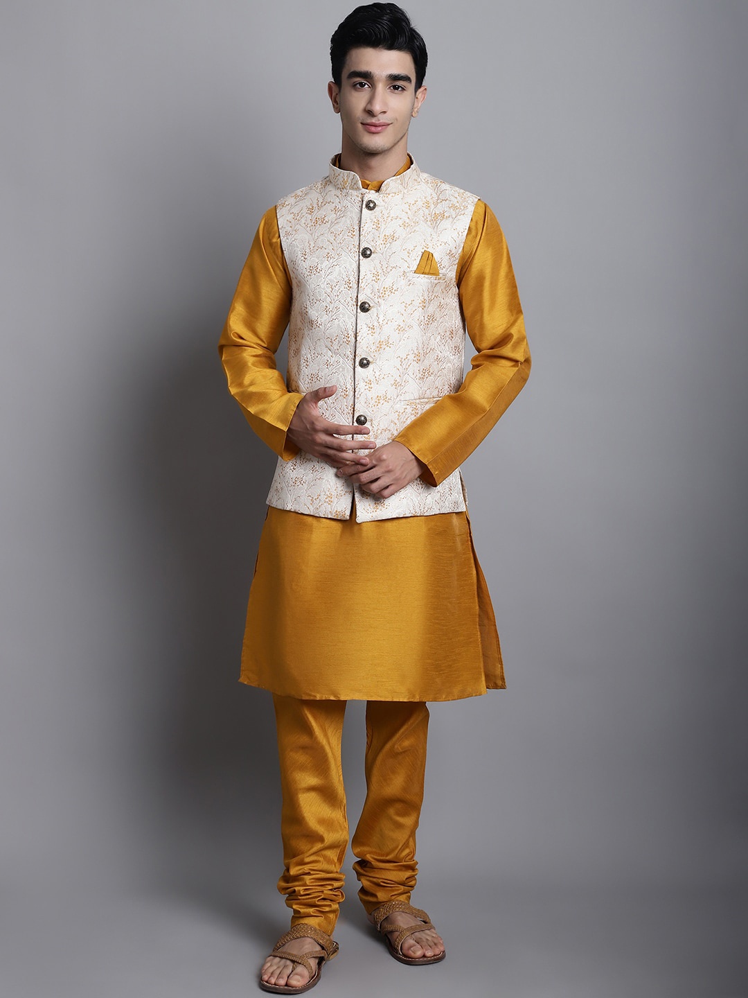 Armaan Ethnic Band Collar Long Sleeves Dupion Silk Kurta With Churidar & Nehru jacket, Mustard
Armaan Ethnic Band Collar Long Sleeves Dupion Silk Kurta With Churidar & Nehru jacket, Mustard
