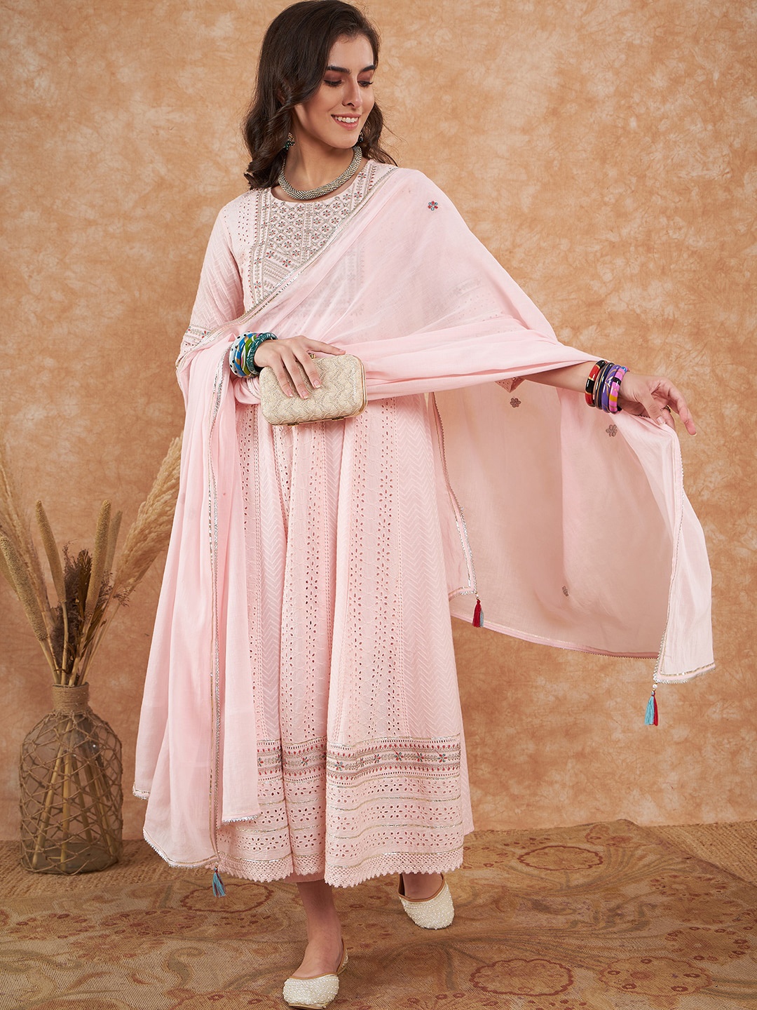 Sangria Pink Schiffli Thread Work Pure Cotton Anarkali Kurta & Trouser With Dupatta
Sangria Pink Schiffli Thread Work Pure Cotton Anarkali Kurta & Trouser With Dupatta