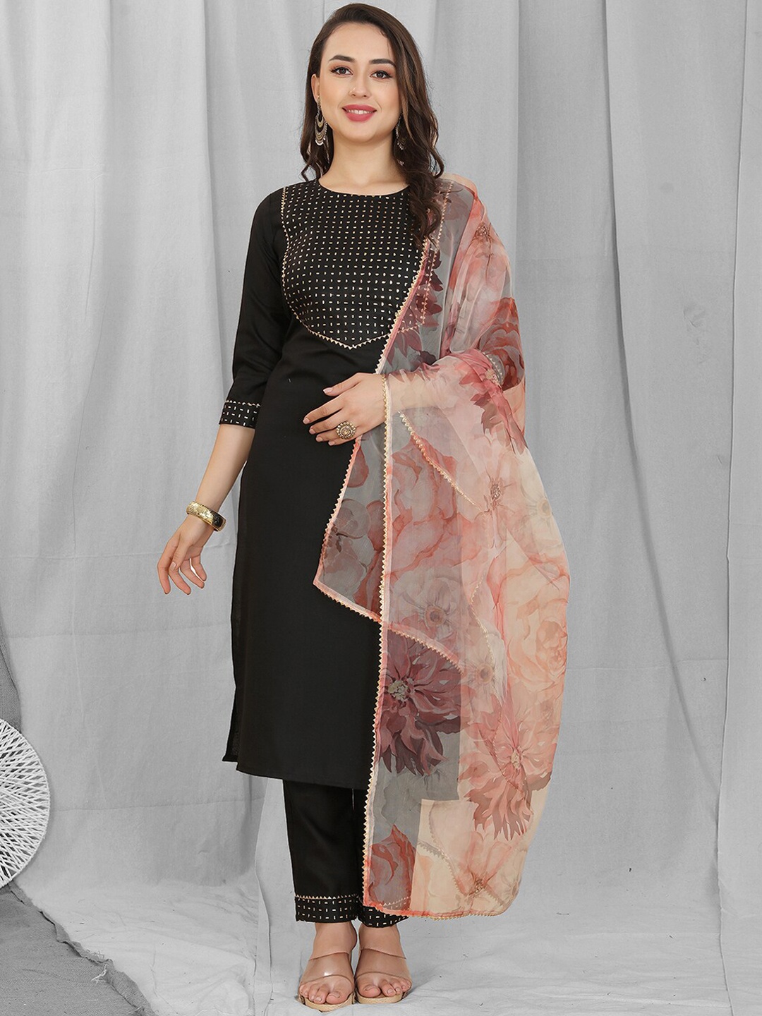 KALINI Abstract Yoke Design Round Neck Gotta Patti Kurta With Trousers & Dupatta, Black
KALINI Abstract Yoke Design Round Neck Gotta Patti Kurta With Trousers & Dupatta, Black