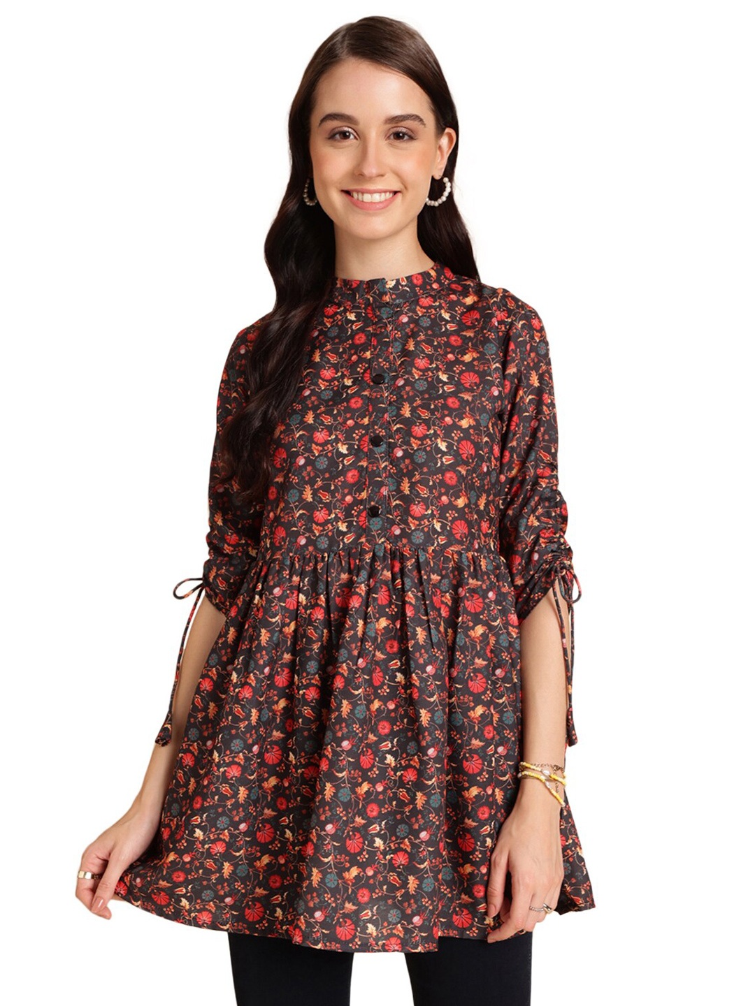 Nimayaa Floral Printed Mandarin Collar Ruched Sleeves Gathered Detail A-Line Kurti, Black
Nimayaa Floral Printed Mandarin Collar Ruched Sleeves Gathered Detail A-Line Kurti, Black