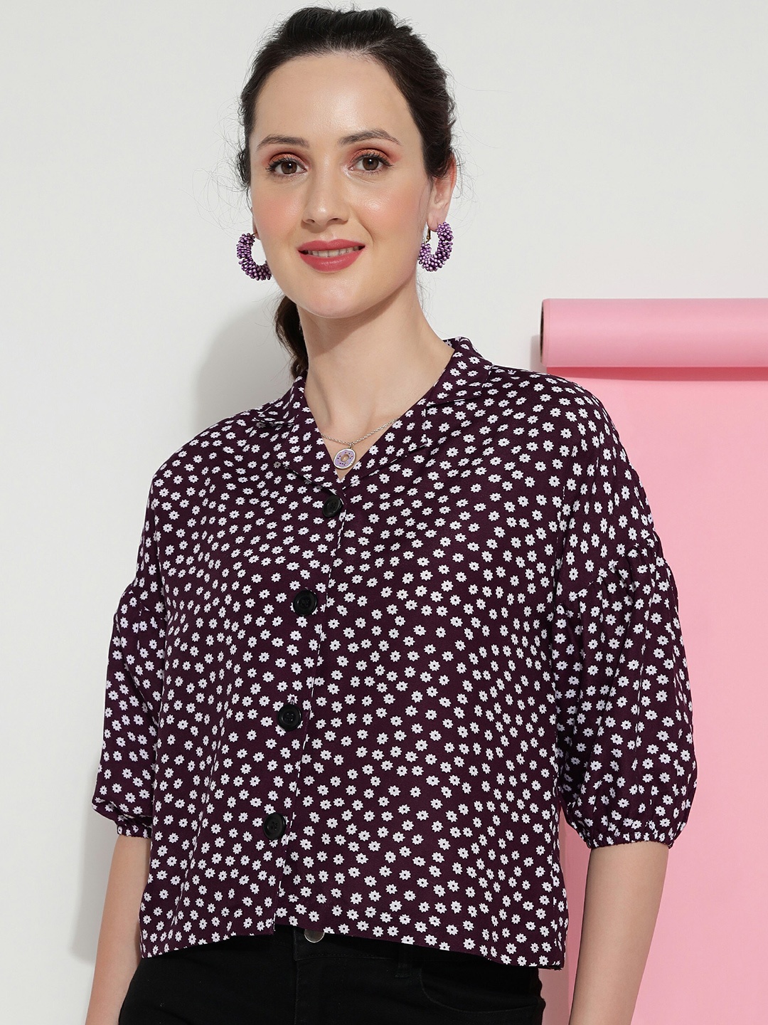 FashionsEye Floral Printed Cuban Collar Puff Sleeves Shirt Style Top, Magenta