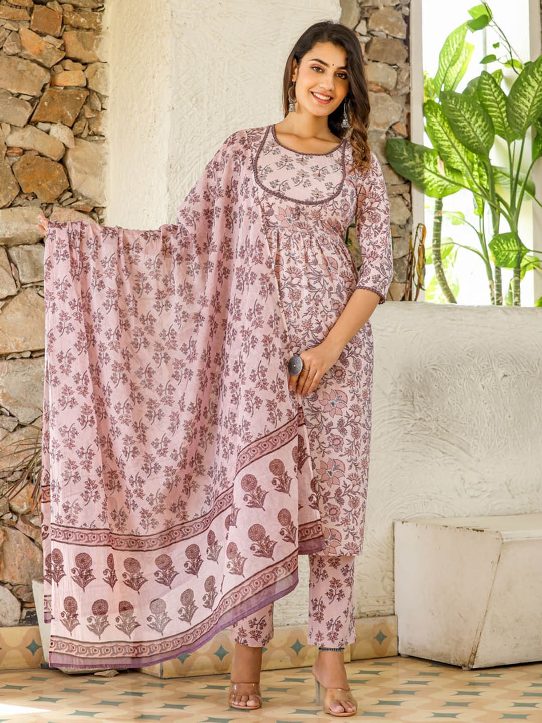 Jaipuri Adaah Floral Printed Regular Thread Work Pure Cotton Kurta With Trousers & Dupatta, Pink
