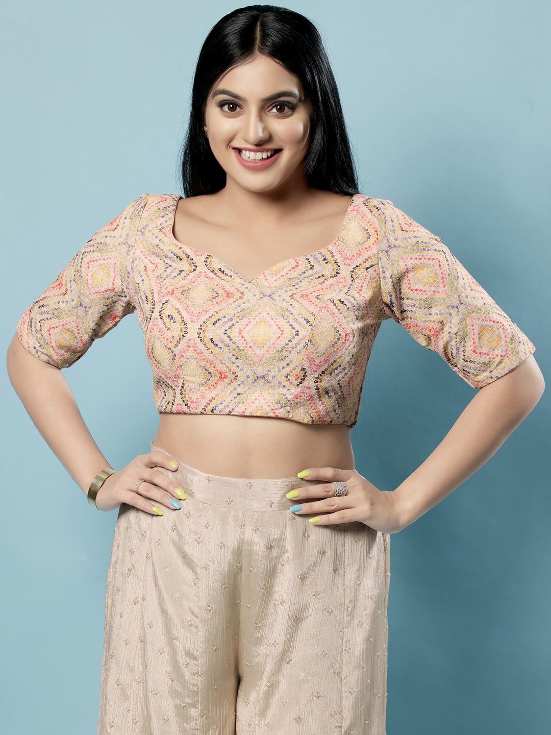 SALWAR STUDIO Geometric Woven Design Sweetheart Neck Tie-Up Brocade Saree Blouse, Cream
SALWAR STUDIO Geometric Woven Design Sweetheart Neck Tie-Up Brocade Saree Blouse, Cream