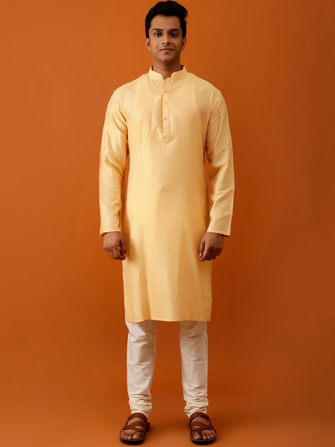 Streaks & Crosses Striped Thread Work Mandarin Collar Regular Kurta with Churidar, Yellow
Streaks & Crosses Striped Thread Work Mandarin Collar Regular Kurta with Churidar, Yellow