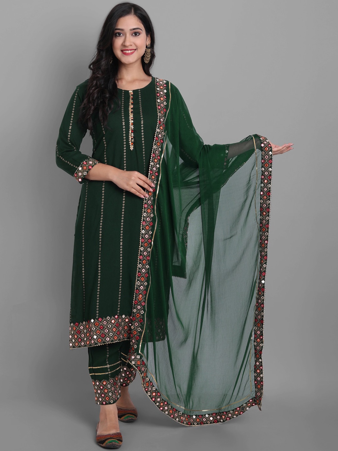 KALINI Geometric Embroidered Regular Mirror Work Kurta with Trousers & Dupatta, Green
KALINI Geometric Embroidered Regular Mirror Work Kurta with Trousers & Dupatta, Green