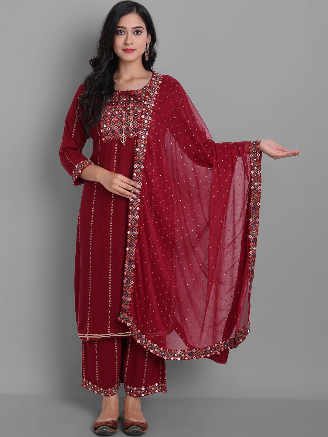 KALINI Ethnic Motifs Embroidered Regular Mirror Work Kurta with Palazzos & Dupatta, Red
KALINI Ethnic Motifs Embroidered Regular Mirror Work Kurta with Palazzos & Dupatta, Red