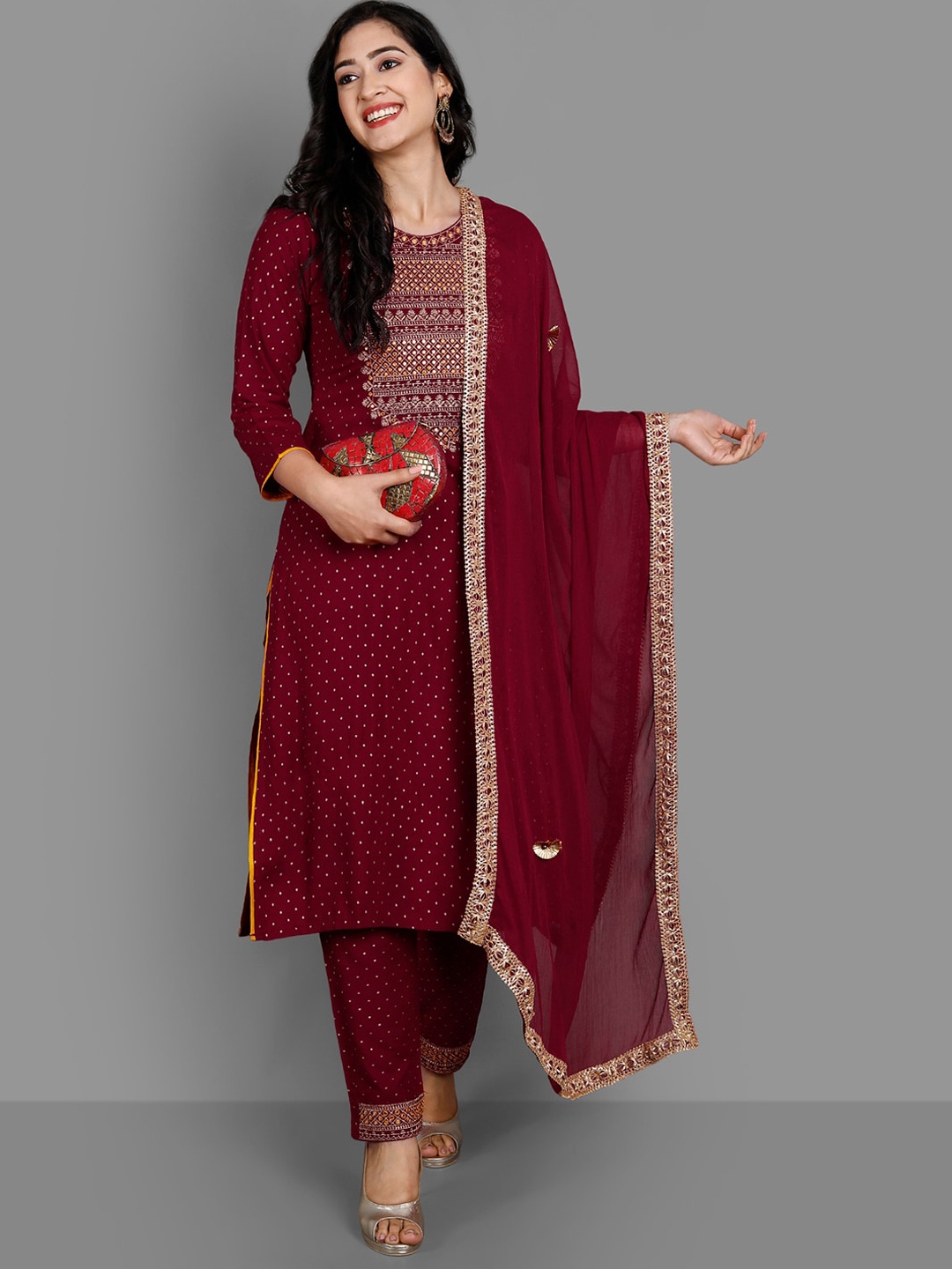 KALINI Ethnic Motifs Printed Regular Mirror Work Kurta With Trousers & Dupatta, Maroon
KALINI Ethnic Motifs Printed Regular Mirror Work Kurta With Trousers & Dupatta, Maroon