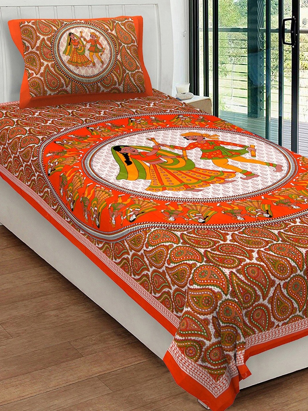Rajasthanikart Orange & Green Ethnic Motifs Cotton 120 TC Single Bedsheet & 1 Pillow Cover
Rajasthanikart Orange & Green Ethnic Motifs Cotton 120 TC Single Bedsheet & 1 Pillow Cover