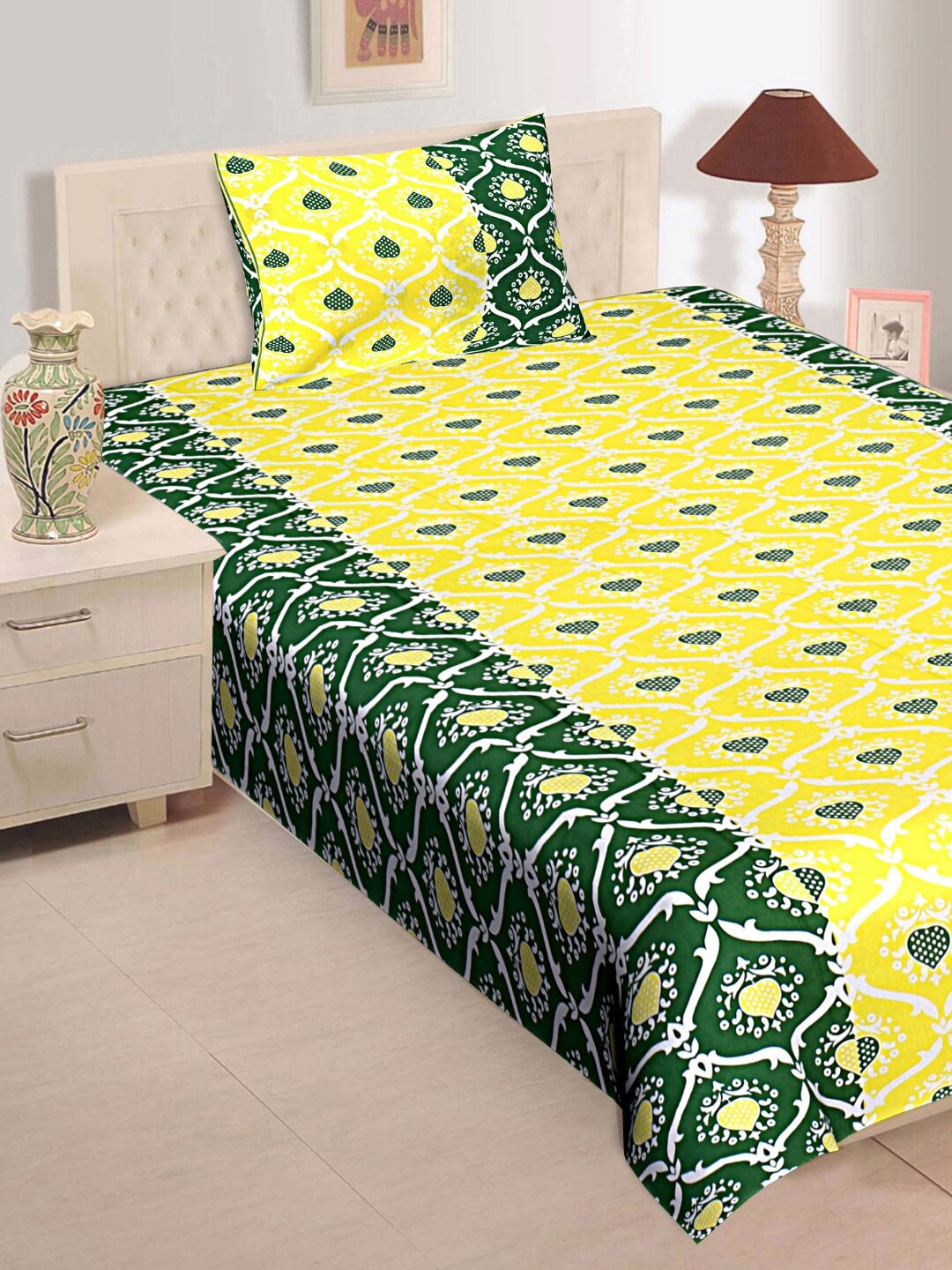 Rajasthanikart Yellow & Green Ethnic Motifs Cotton 120 TC Single Bedsheet & 1 Pillow Cover
Rajasthanikart Yellow & Green Ethnic Motifs Cotton 120 TC Single Bedsheet & 1 Pillow Cover