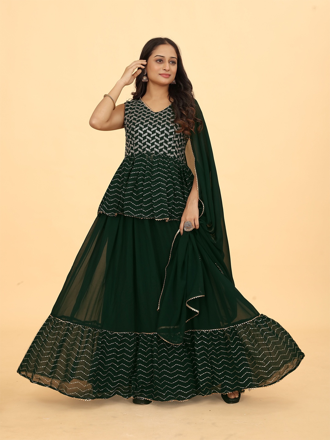 CHANSI Embroidered Sequinned Georgette Ready to Wear Lehenga & Blouse With Dupatta, Green
CHANSI Embroidered Sequinned Georgette Ready to Wear Lehenga & Blouse With Dupatta, Green