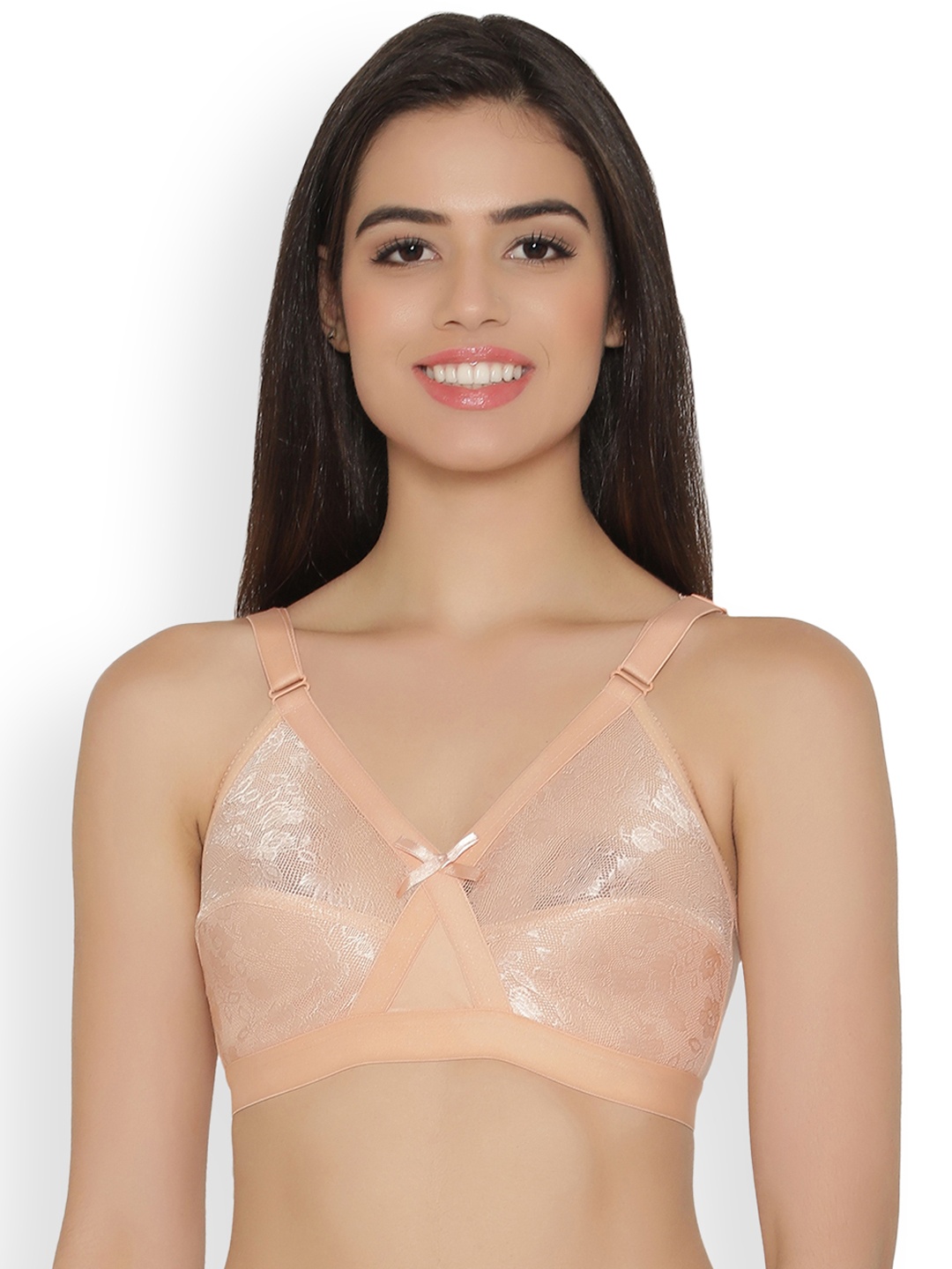 Clovia Non-Wired Non-Padded Full Cup Plus Size Lace Bra, Peach