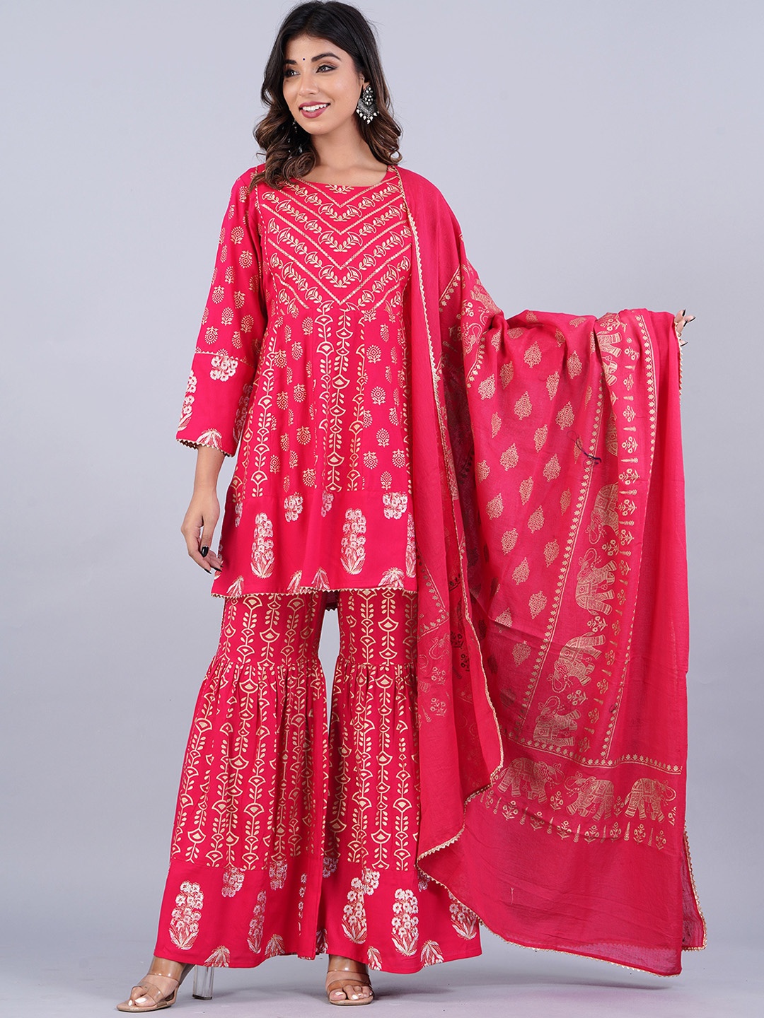 KUROCK Ethnic Motifs Printed Gotta Patti A-Line Kurti & Sharara With Dupatta, Pink
KUROCK Ethnic Motifs Printed Gotta Patti A-Line Kurti & Sharara With Dupatta, Pink