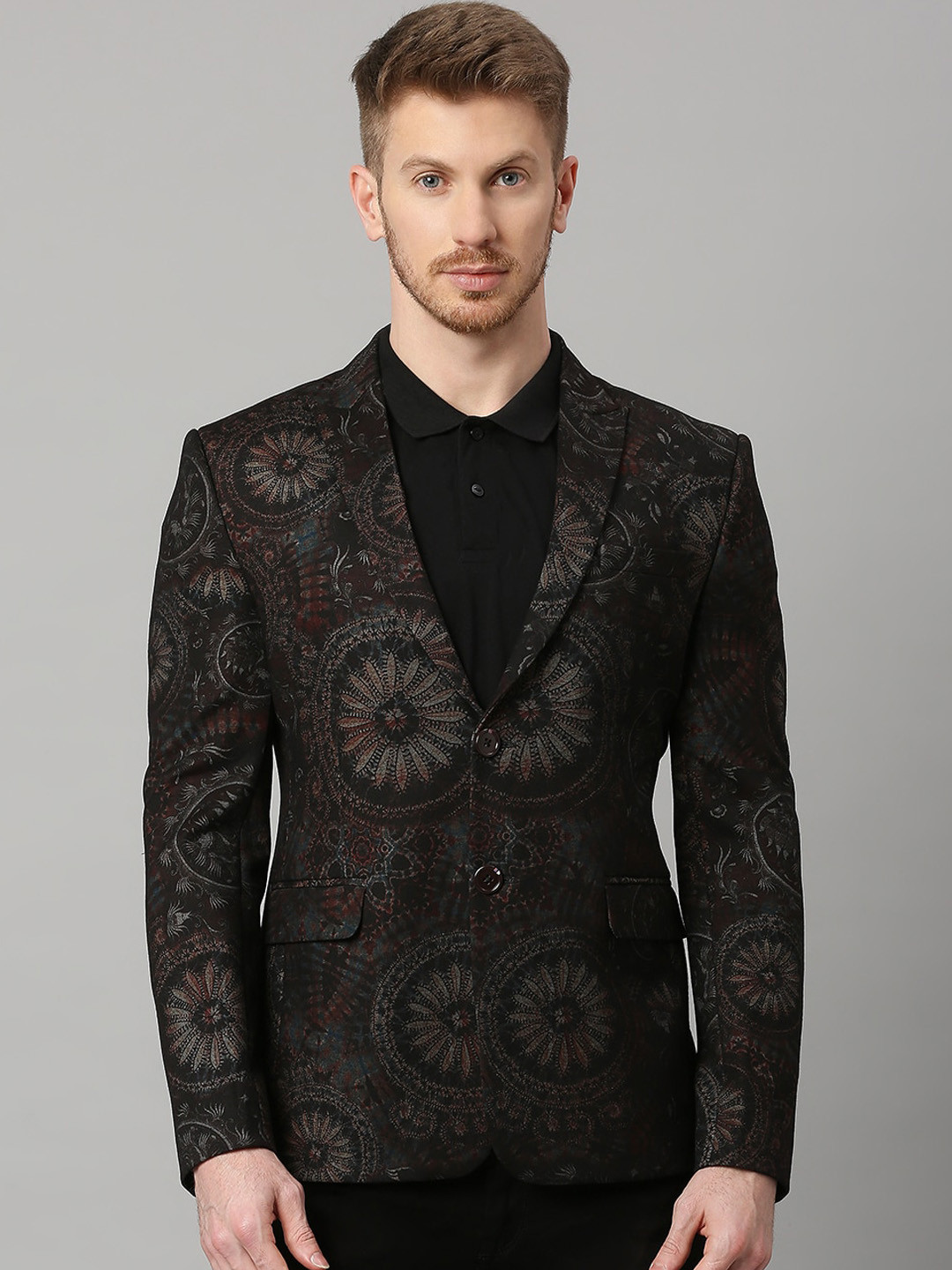 ESSAS club Ethnic Motifs Printed Slim-Fit Single-Breasted Blazer, Black 
ESSAS club Ethnic Motifs Printed Slim-Fit Single-Breasted Blazer, Black