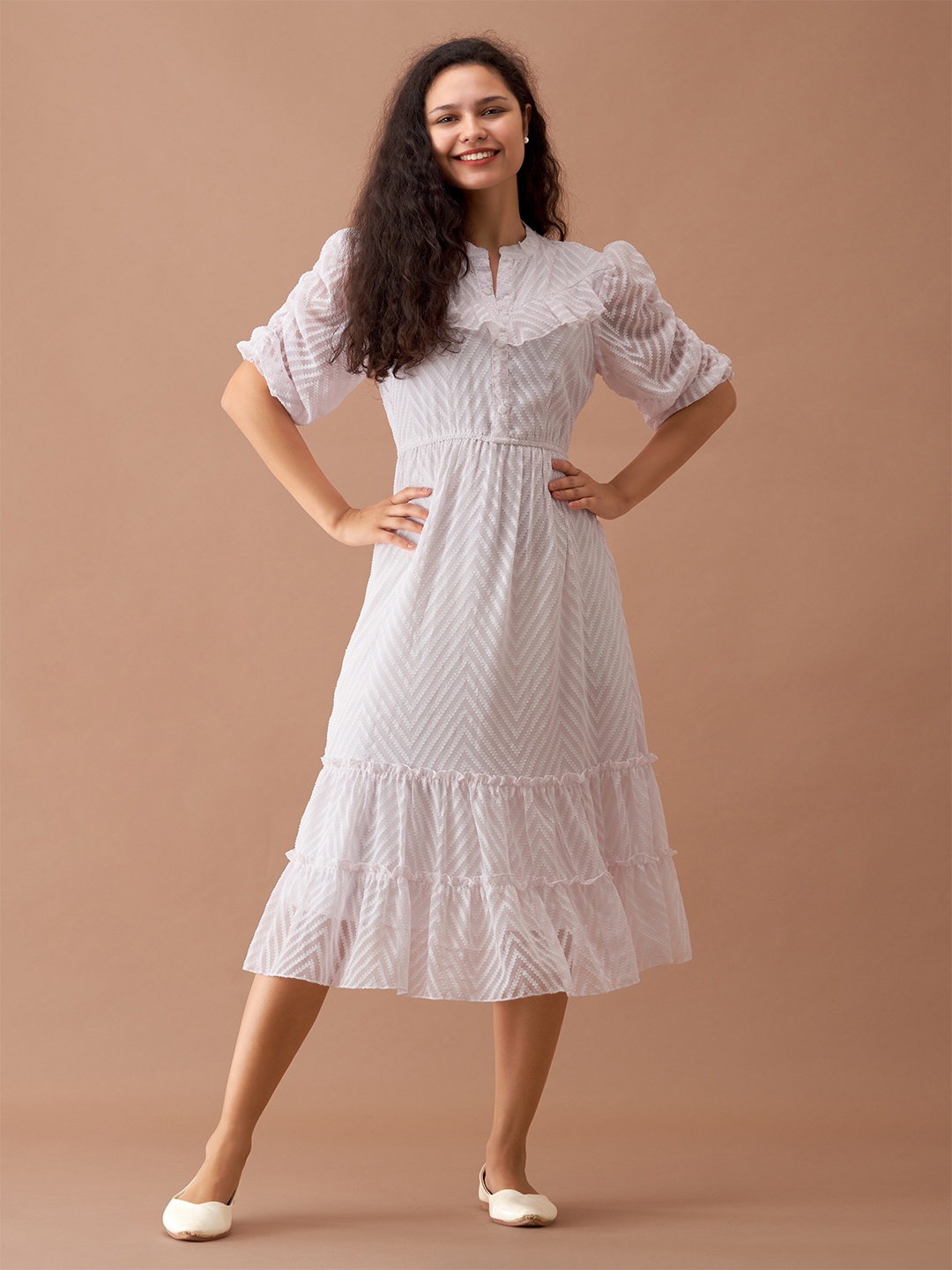 AASK Chevron Printed Mandarin Collar Ruched Puff Sleeve Ruffled Fit & Flare Dress, White
AASK Chevron Printed Mandarin Collar Ruched Puff Sleeve Ruffled Fit & Flare Dress, White