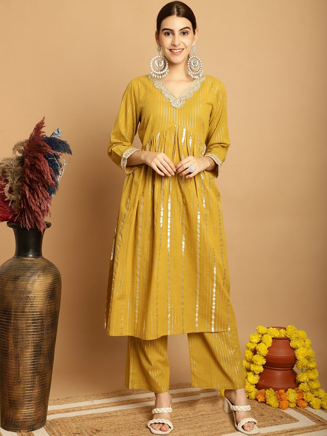 Kamayra Striped V Neck Thread Work Pure Cotton Empire A-Line Kurta with Palazzos, Mustard
Kamayra Striped V Neck Thread Work Pure Cotton Empire A-Line Kurta with Palazzos, Mustard