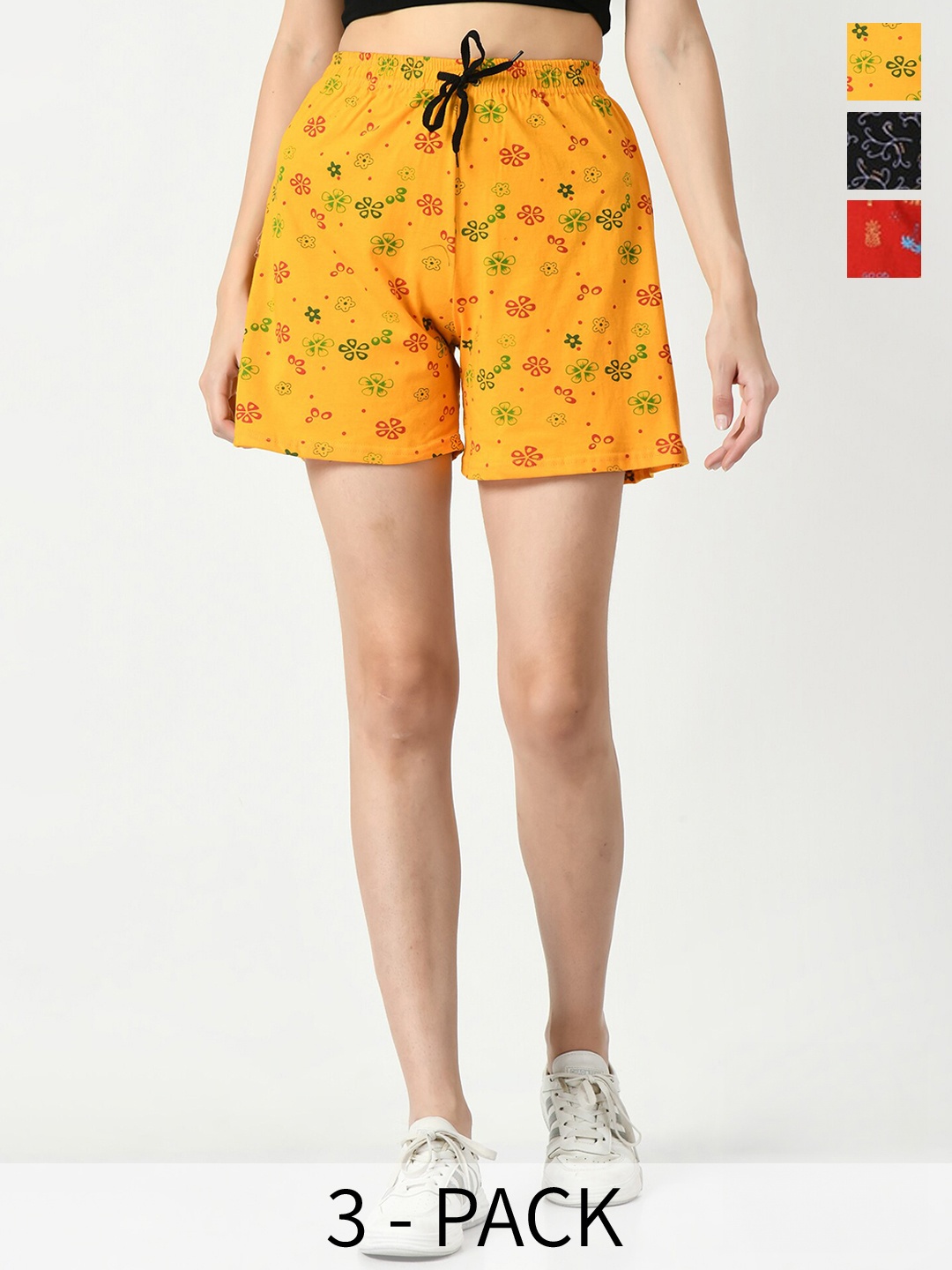IndiWeaves Women Pack Of 3 High-Rise Floral Printed Pure Cotton Shorts, Yellow
IndiWeaves Women Pack Of 3 High-Rise Floral Printed Pure Cotton Shorts, Yellow