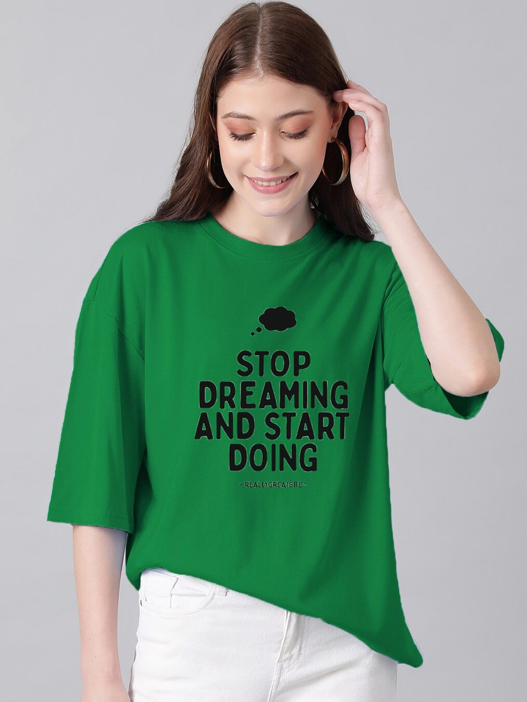 Kotty Green & Black Typography Printed Drop Shoulder Sleeves Oversized Casual T-Shirt
Kotty Green & Black Typography Printed Drop Shoulder Sleeves Oversized Casual T-Shirt