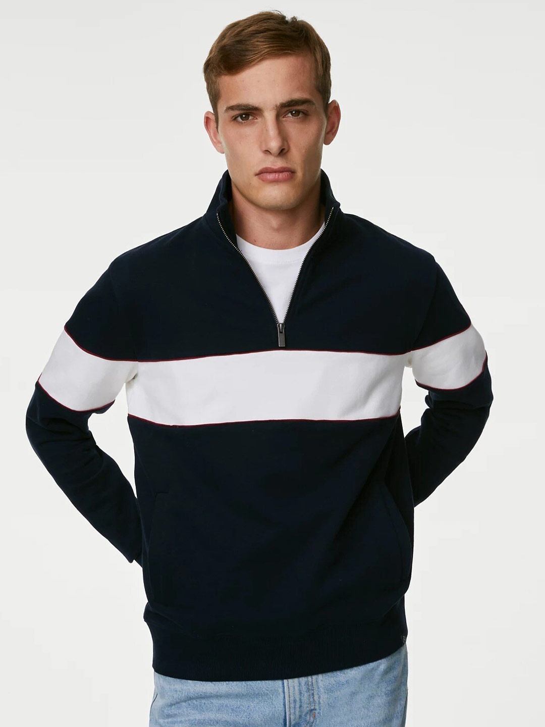 Marks & Spencer Colourblocked Mock Collar Half Zipper Pure Cotton Pullover Sweatshirt, Navy blue
Marks & Spencer Colourblocked Mock Collar Half Zipper Pure Cotton Pullover Sweatshirt, Navy blue