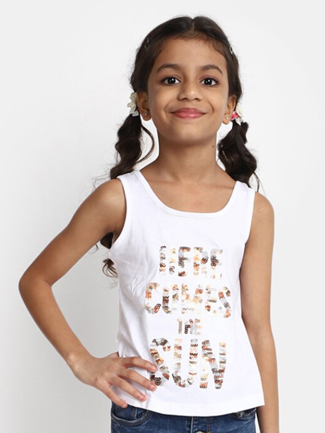 V-Mart Girls Sequinned Embellished Cotton T-Shirt, White